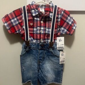 OshKosh B'gosh Red Plaid Shirt with Navy Suspenders and Denim Shorts